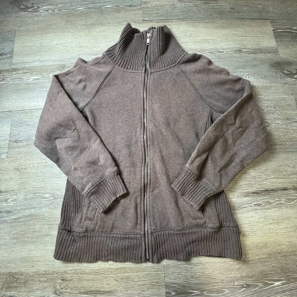 Sonoma Full Zip Sweatshirt Womens Medium Brown Mock Neck Ribbed Knit Fleece